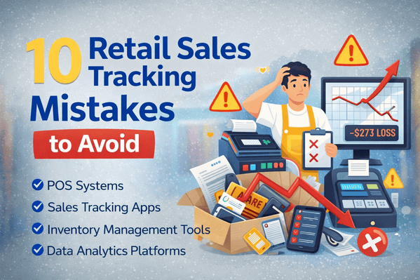 Retail sales tracking mistakes illustrated with store owner reviewing analytics dashboard and common errors