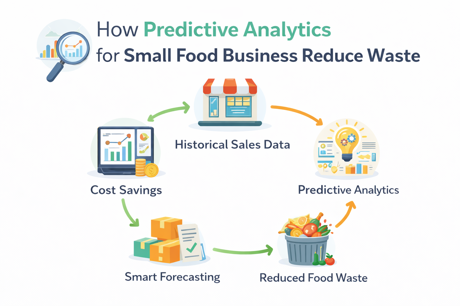 Data charts and food prep representing predictive analytics for small food business