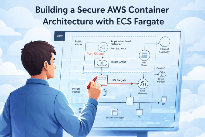 Diagram of a secure AWS container architecture with ALB, ECS Fargate, and RDS