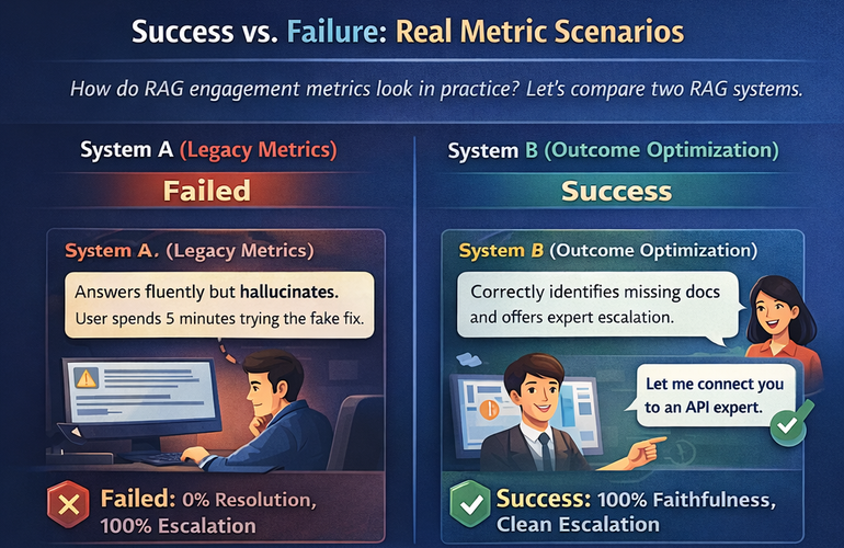 RAG engagement metrics dashboard showing resolution and deflection rates