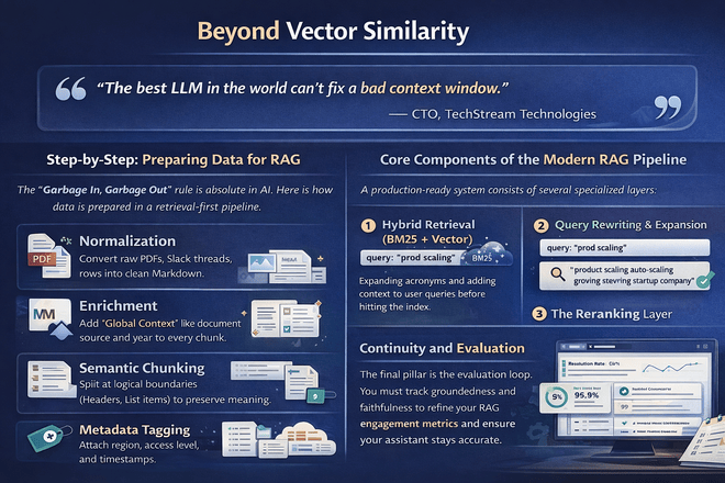 Diagram of a modern RAG architecture with hybrid search and reranking